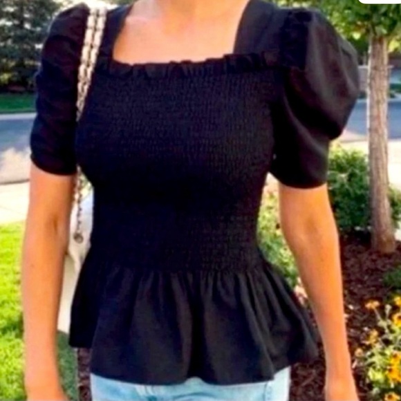 Rachel Parcell smocked puff sleeve square neck black top size Large - Picture 1 of 8